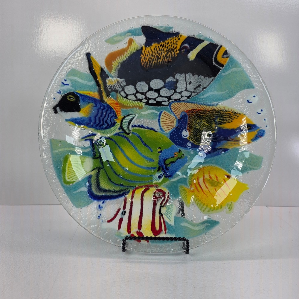 Peggy Karr Art Glass Tropical Fish Fused Glass Bowl Round Marine Life Signed